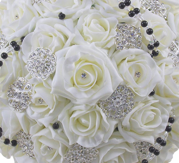 Brides Ivory Rose, Silver Brooch & Black Pearl Wedding Bouquet