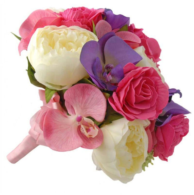 Brides Cerise Pink Rose, Purple Orchid & Ivory Peony Bouquet