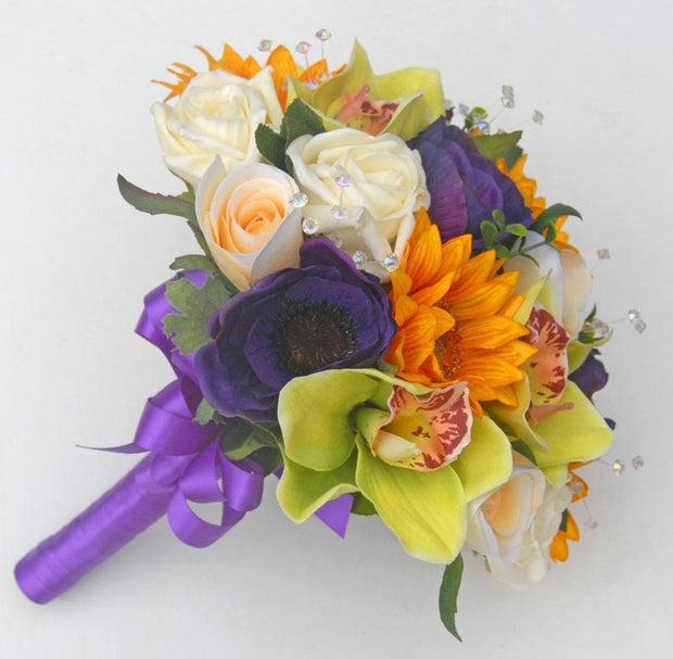 Brides Golden Sunflower, Green Orchid & Purple Anemone Wedding Bouquet