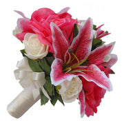Bridesmaids Pink Rose, Stargazer Lily & Ivory Rose Wedding Bouquet