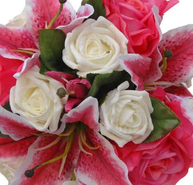 Bridesmaids Pink Rose, Stargazer Lily & Ivory Rose Wedding Bouquet