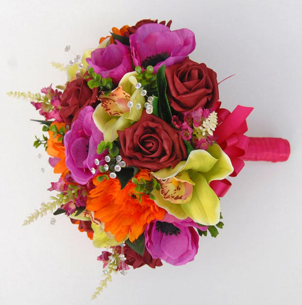 Brides Burgundy Rose, Orange Gerbera & Green Orchid Wedding Bouquet