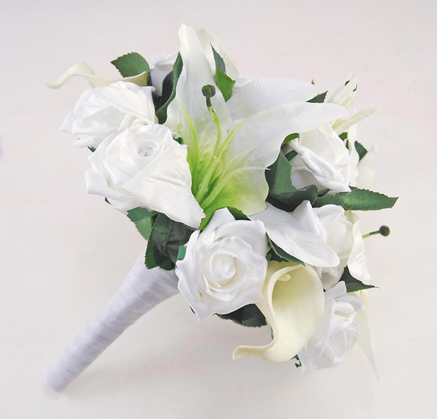 Brides White Rose & Ivory Silk Lily Wedding Posy Bouquet