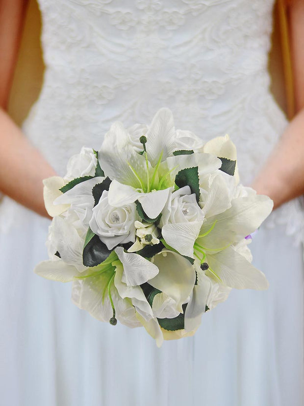 Brides White Rose & Ivory Silk Lily Wedding Posy Bouquet