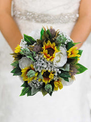 Brides Yellow Sunflower, White Rose, Gypsophila & Teasel Thistle Wedding Bouquet