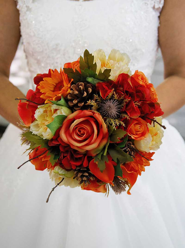 Brides Autumnal Orange Rose, Hydrangea, Calla Lily & Pine Cone Wedding Bouquet