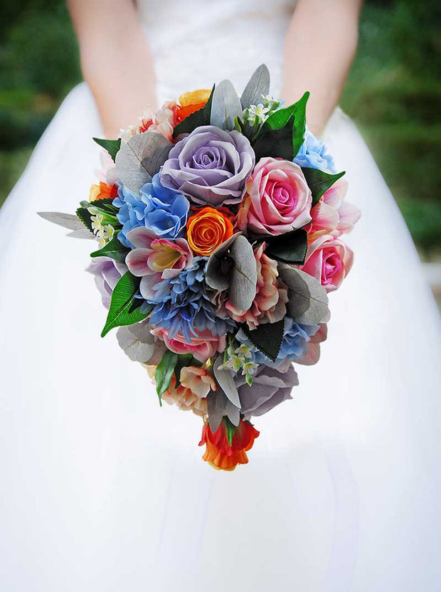 Brides Blue Agapanthus, Orange Roses, Pink Orchid & Stephanotis Wedding Shower Bouquet