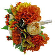 Brides Burnt Orange Hydrangea, Yellow Silk Sunflower, Cream Peony & Hy ...