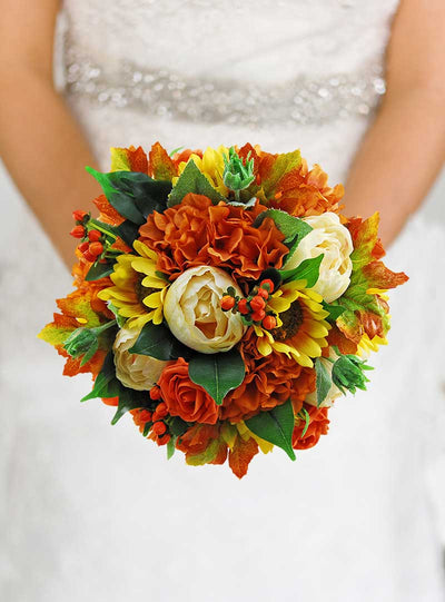 Brides Burnt Orange Hydrangea, Yellow Silk Sunflower, Cream Peony & Hyperium Wedding Bouquet