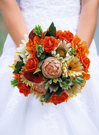 Brides Burnt Orange Silk Hydrangea, Rose, Pink Peony & Ivory Sunflower Wedding Bouquet