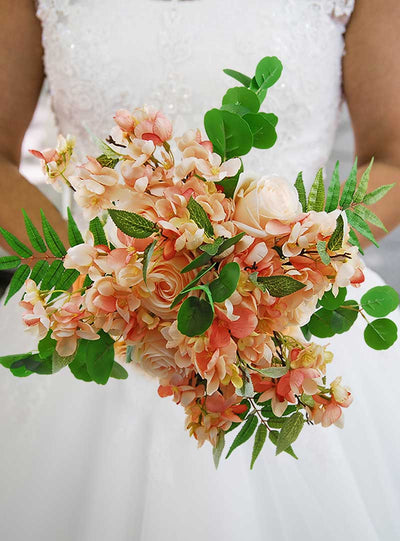 Brides Coral Cherry Blossom, Apricot Rose, Green Eucalyptus & Fern Wedding Bouquet