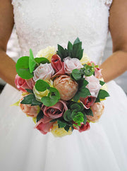 Brides Dusky Peach Silk Peony, Lemon Rose & Eucalyptus Wedding Bouquet