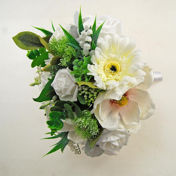 Brides White Gerbera, Rose, Magnolia & Stephanotis Wedding Bouquet