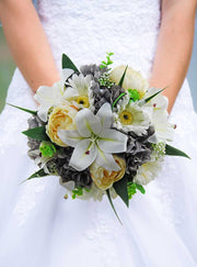 Brides Ivory Lily, Gerbera, Cream Peony & Grey Silk Hydrangea Wedding Bouquet