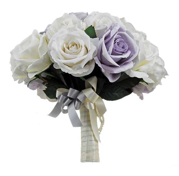 Brides Large Blue Grey & Off White Silk Rose Wedding Bouquet