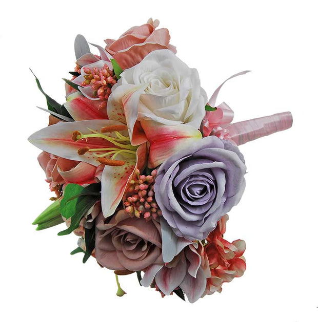 Brides Large Pink, Grey Silk Rose, Hydrangea & Tiger Lily Wedding Bouquet