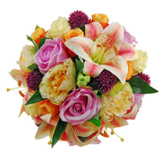 Brides Large Pink Lily, Purple Allium, Orange & Lilac Rose Wedding Bouquet