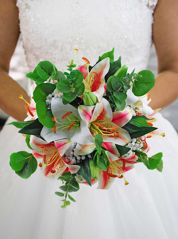 Brides Large Pink Tiger Lily, Ivory Gypsophila & Foliage Wedding Bouquet