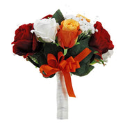 Brides Silk Open Red, Orange Bud Roses & Ivory Gypsophila Wedding Bouquet