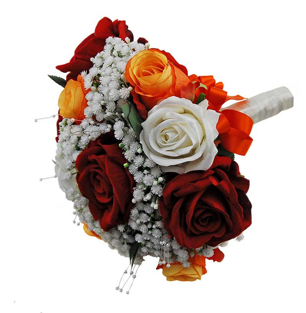 Brides Silk Open Red, Orange Bud Roses & Ivory Gypsophila Wedding Bouquet