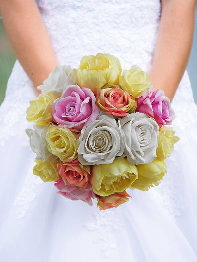 Brides Lemon Silk Peony, Pink & Off White Rose Wedding Bouquet