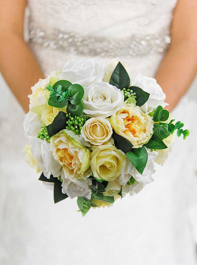 Lemon Peony, Ivory Rose, Eucalyptus & Berry Bridal Wedding Bouquet