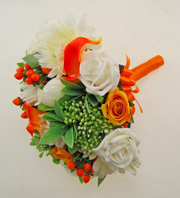Brides Orange Calla Lily, Ivory Gerbera & Peony Wedding Bouquet