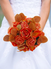 Brides Orange, Peach Silk Rose & Calla Lily Wedding Bouquet