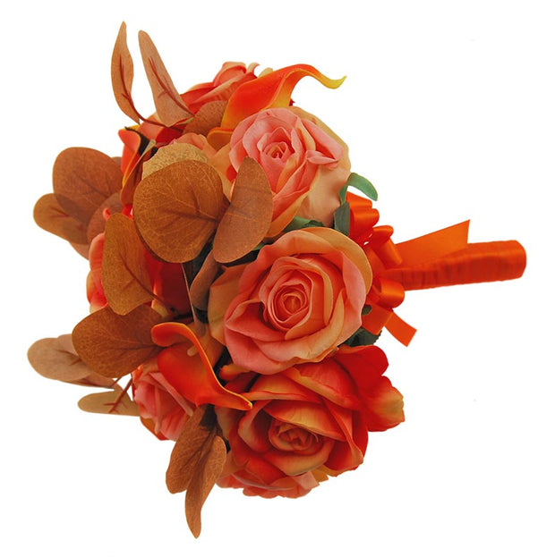 Brides Orange, Peach Silk Rose & Calla Lily Wedding Bouquet