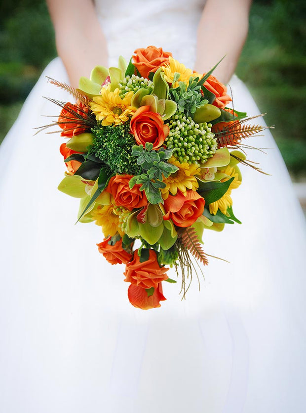 Brides Orange Rose, Yellow Gerbera & Green Elderflower Berry Wedding Shower