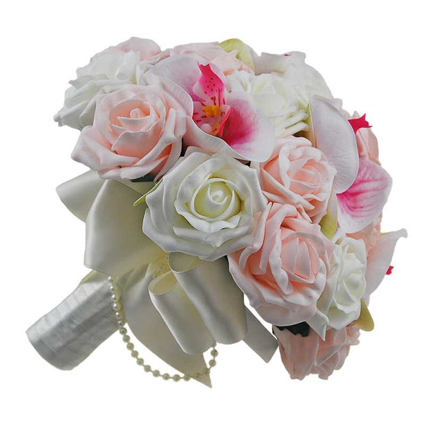 Brides Pink Silk Orchid, Light Pink & Ivory Foam Rose Wedding Bouquet