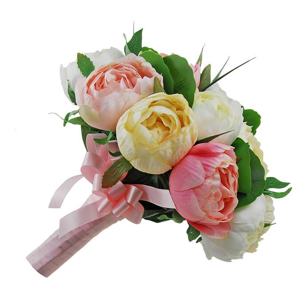 Brides Artificial Pink, Cream & Ivory Silk Peony, Green Leaf Wedding Posy Bouquet