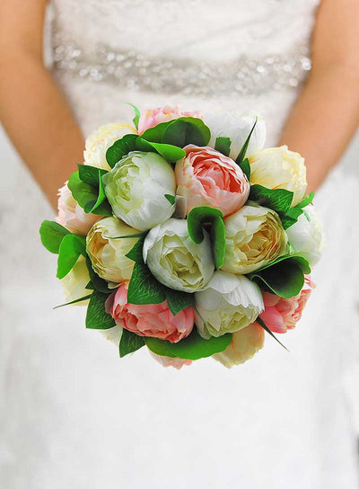Brides Artificial Pink, Cream & Ivory Silk Peony, Green Leaf Wedding Posy Bouquet
