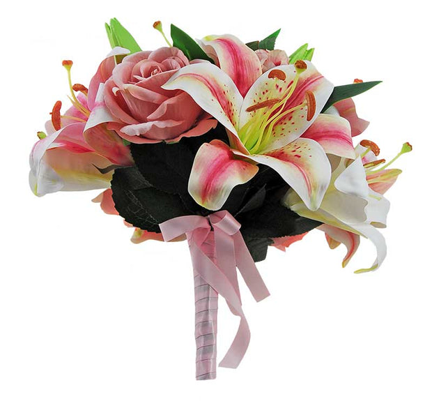 Brides Pink, Ivory Silk Tiger Lily Hydrangea & Dusky Rose Wedding Bouquet
