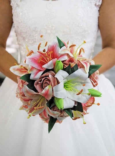 Brides Pink, Ivory Silk Tiger Lily Hydrangea & Dusky Rose Wedding Bouquet
