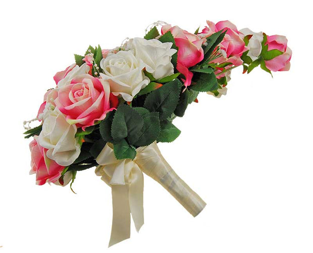 Brides Pink, Ivory Silk Roses, Gypsophila & Pearl Loop Wedding Shower Bouquet