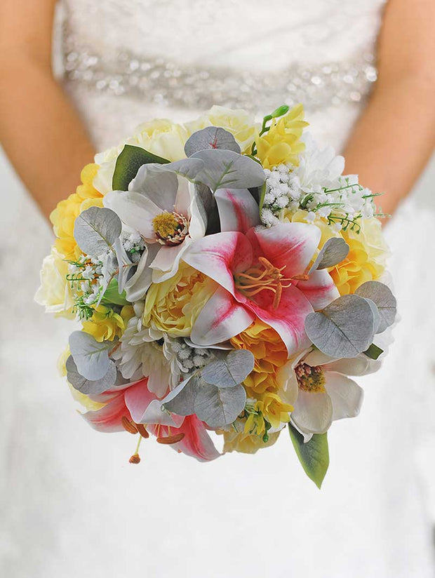 Brides Pink Lily, Silk Magnolia, Lemon Peony & Yellow Hydrangea Wedding Bouquet