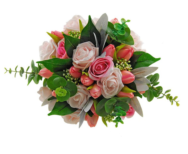 Brides Pink Silk Tulip, Foam Rose & Eucalyptus Wedding Bouquet