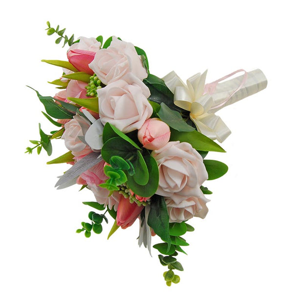 Brides Pink Silk Tulip, Foam Rose & Eucalyptus Wedding Bouquet