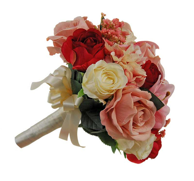Brides Pink Silk Tiger Lily, Gyp, Ivory & Wine Rose Wedding Bouquet