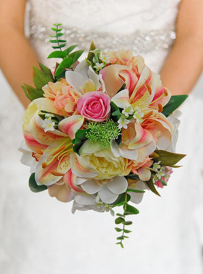 Brides Pink Tiger Lily, Hydrangea & Ivory Silk Peony Wedding Bouquet