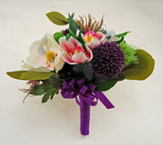 Brides Purple Allium, Ivory Magnolia, Pink Orchid & Mixed Foliage Wedding Bouquet