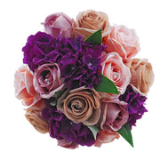 Brides Purple Silk Hydrangea, Peach, Dusky Pink & Mink Diamante Rose Wedding Bouquet