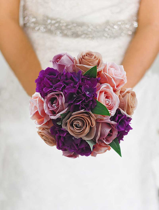 Brides Purple Silk Hydrangea, Peach, Dusky Pink & Mink Diamante Rose Wedding Bouquet