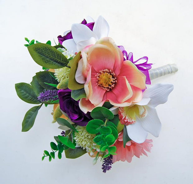 Brides Purple Rose, Pink Magnolia, Gerbera & Orchid Wedding Bouquet