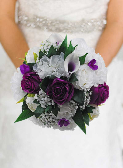 Brides Purple, White Silk Rose, Hydrangea, Ivory Peony, Gyp & Calla Lily Wedding Bouquet
