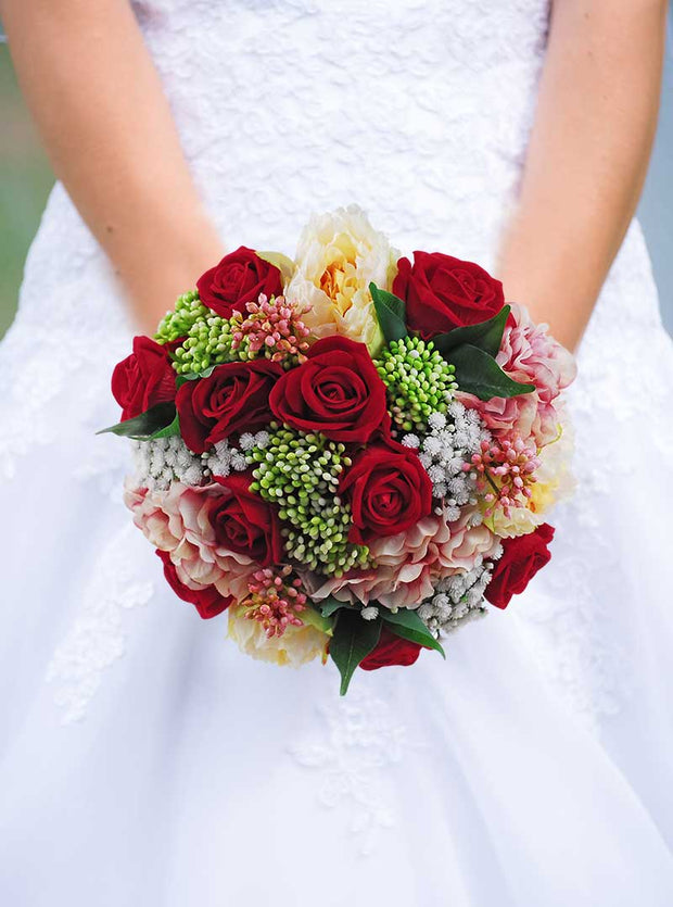 Brides Red Rose, Hydrangea, Green Berry & Lemon Peony Wedding Bouquet