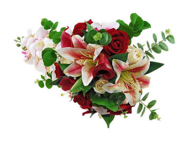 Brides Red Rose, Pink Tiger Lily & Silk Orchid Wedding Shower Bouquet