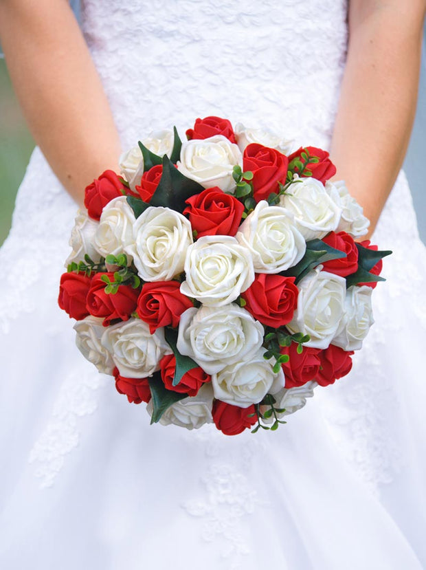 Brides Red & Ivory Foam Rose Eucalyptus Wedding Bouquet