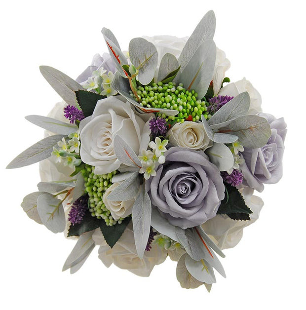 Brides Silk Grey, Ivory Rose, Lilac Lavender & Berry Wedding Bouquet